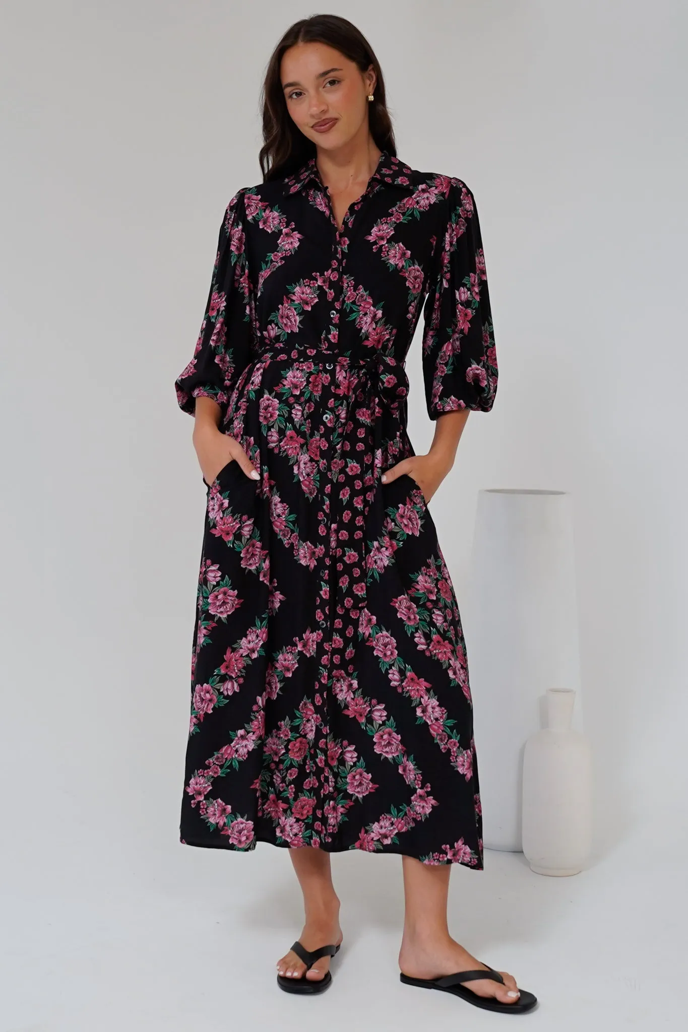 Faith Midi Dress - Collared Shirt Dress with Matching Belt in Love Story Print sold by Salty Crush