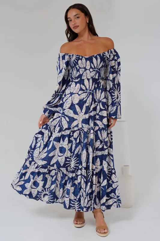 Salome Maxi Dress - On or Off Shoulder A Line Dress with Elasticated Bodice in Moonshadow Print sold by Salty Crush