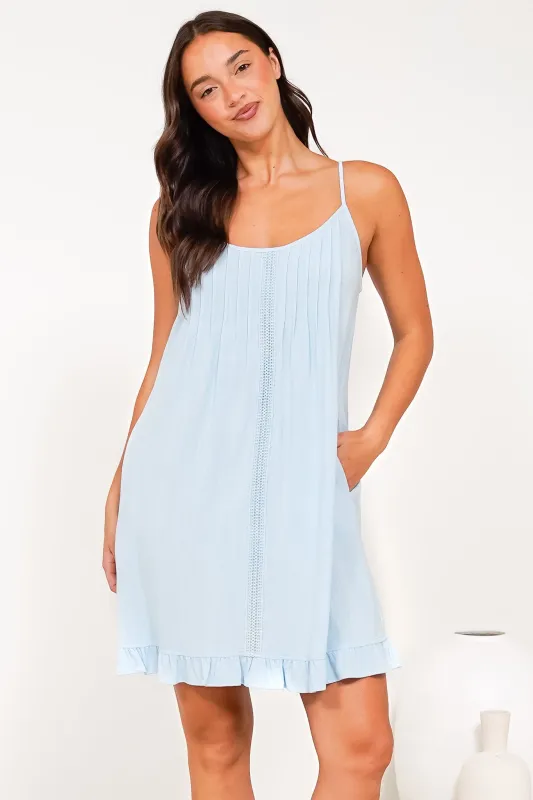 Wendy Mini Dress - Delicately Detailed Panel Relaxed Shift Dress with Spaghetti Straps in Light Blue sold by Salty Crush