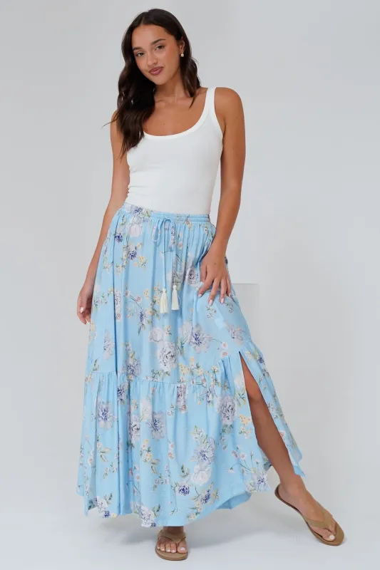 Zia Maxi Skirt - High Waisted Skirt with Tassel Waist Tie and Front Splits in Miranda Print sold by Salty Crush