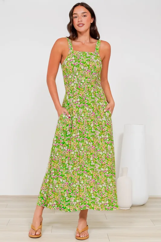 Rani Midi Dress - A-Line Sun Dress with Pockets and Adjustable Straps in Posie Print sold by Salty Crush