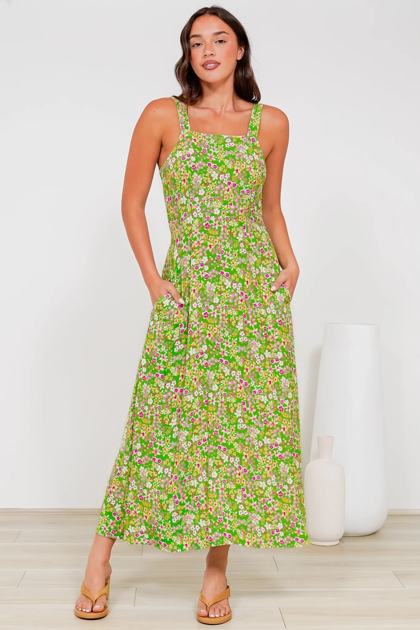 Rani Midi Dress - A-Line Sun Dress with Pockets and Adjustable Straps in Posie Print sold by Salty Crush