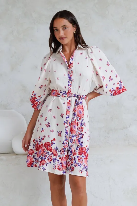 Francine Mini Dress - Collared Shirt Dress with Matching Belt in Huxton Print Red sold by Salty Crush