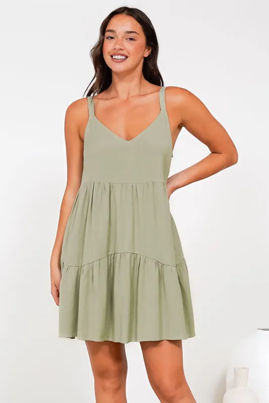 Missy Mini Dress - Thick Adjustable Strap Tiered Sun Dress in Sage sold by Salty Crush