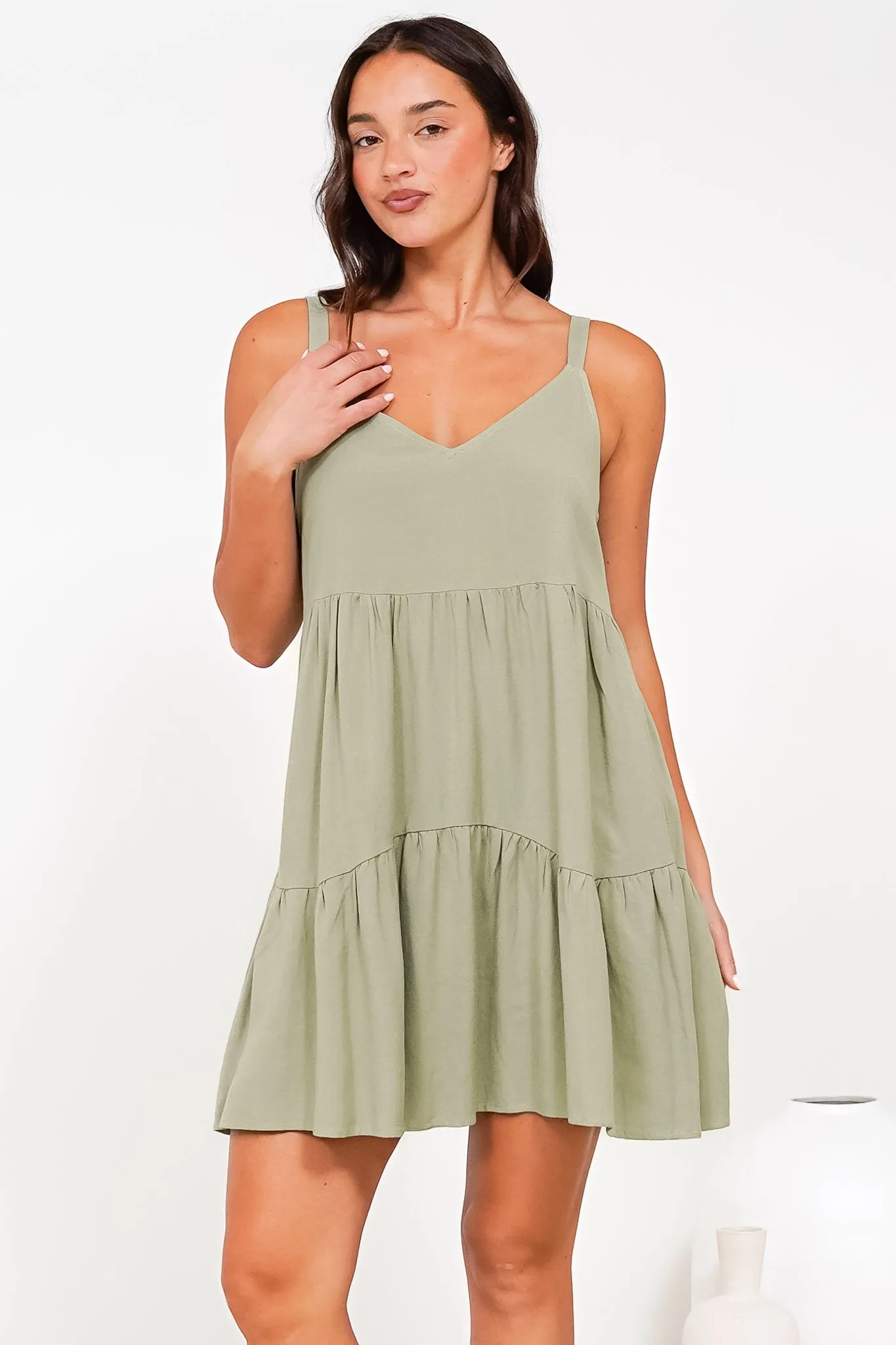 Missy Mini Dress - Thick Adjustable Strap Tiered Sun Dress in Sage sold by Salty Crush product image thumbnail 5