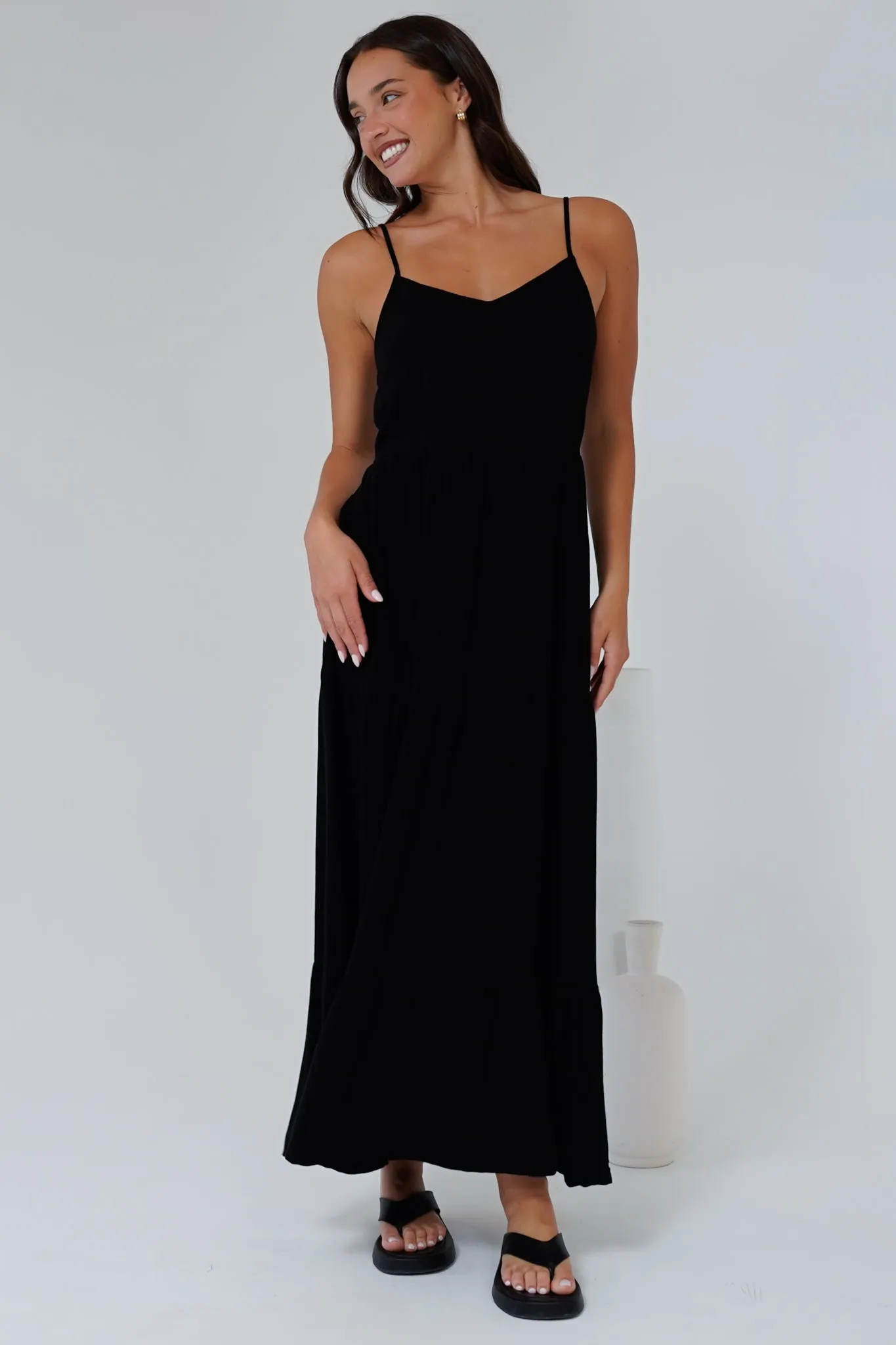 Bounty Maxi Dress - Soft V-Neckline Tiered Linen Dress in Black sold by Salty Crush product image thumbnail 4