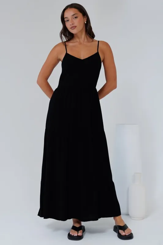 Bounty Maxi Dress - Soft V-Neckline Tiered Linen Dress in Black sold by Salty Crush