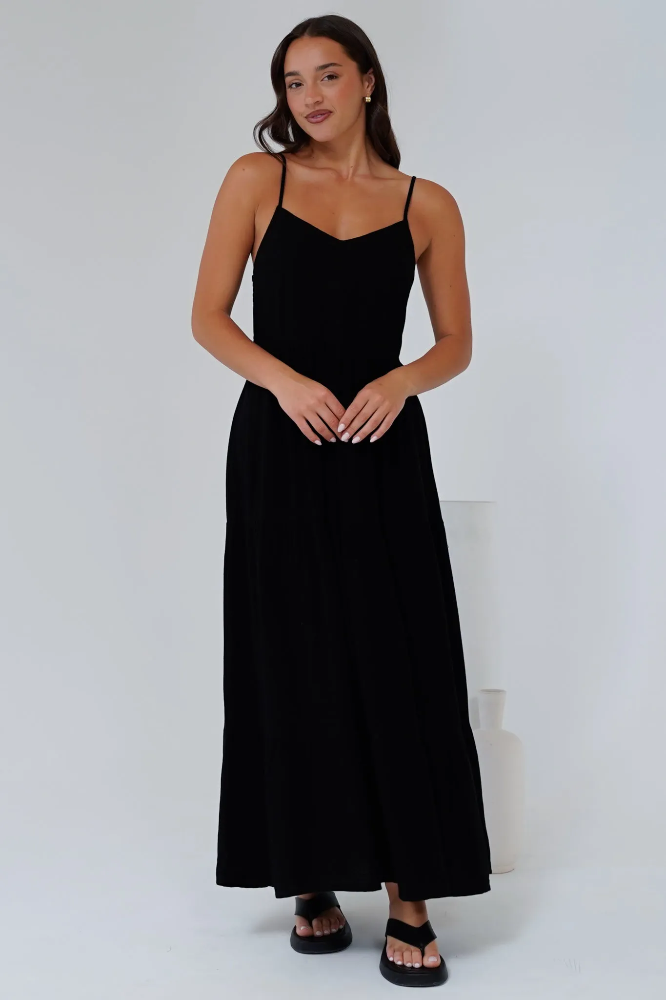 Bounty Maxi Dress - Soft V-Neckline Tiered Linen Dress in Black sold by Salty Crush product image thumbnail 5