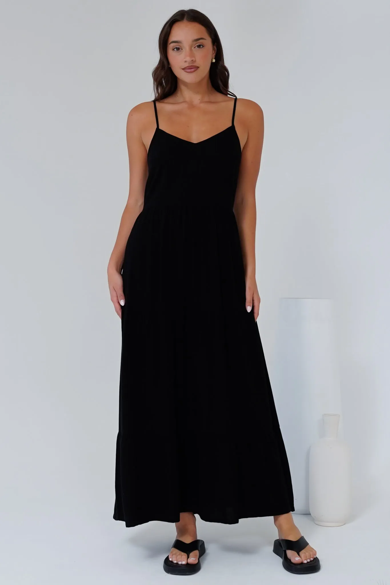 Bounty Maxi Dress - Soft V-Neckline Tiered Linen Dress in Black sold by Salty Crush product image thumbnail 2