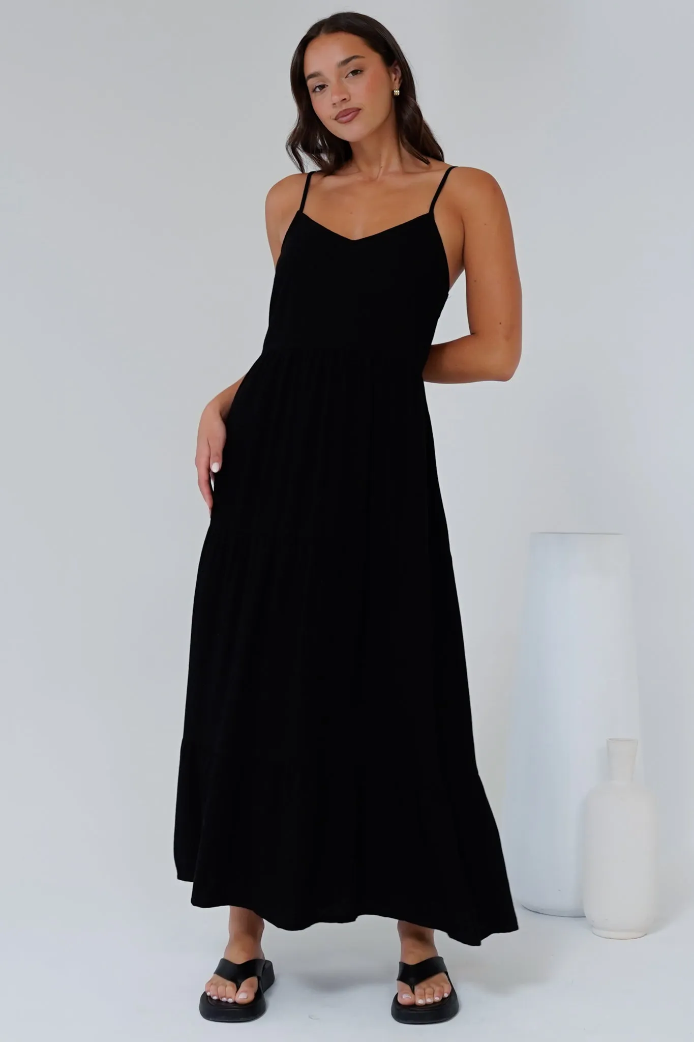 Bounty Maxi Dress - Soft V-Neckline Tiered Linen Dress in Black sold by Salty Crush product image thumbnail 3