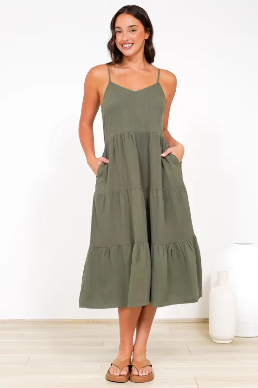 Arlowe Midi Dress - Soft V Neckline Tiered Linen Sun Dress in Military Green sold by Salty Crush