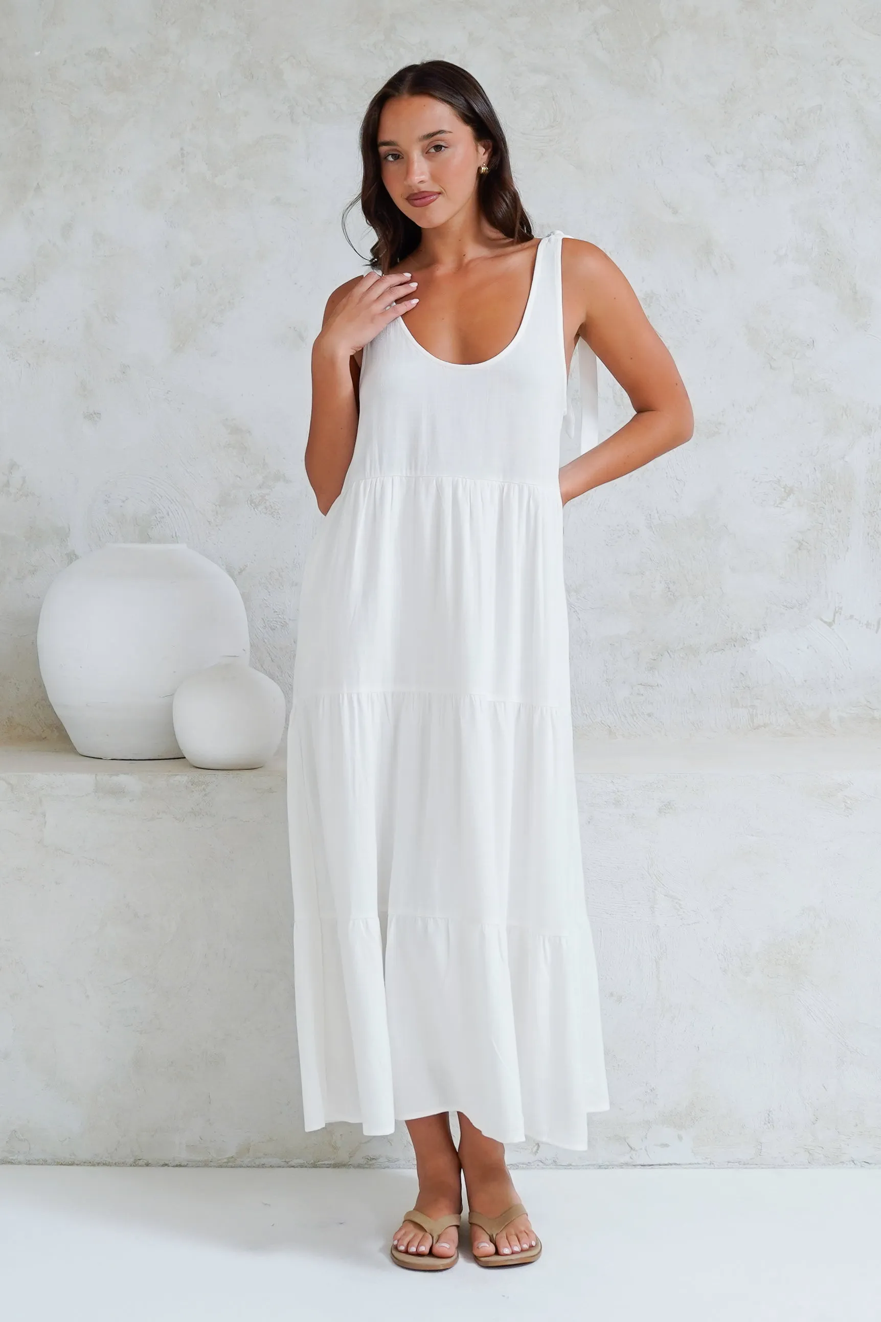 Verona Midi Dress - Tie at Shoulder Straps Sun Dress in White sold by Salty Crush product image thumbnail 3