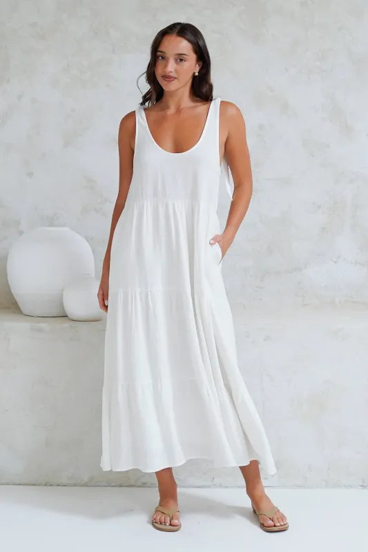 Verona Midi Dress - Tie at Shoulder Straps Sun Dress in White sold by Salty Crush