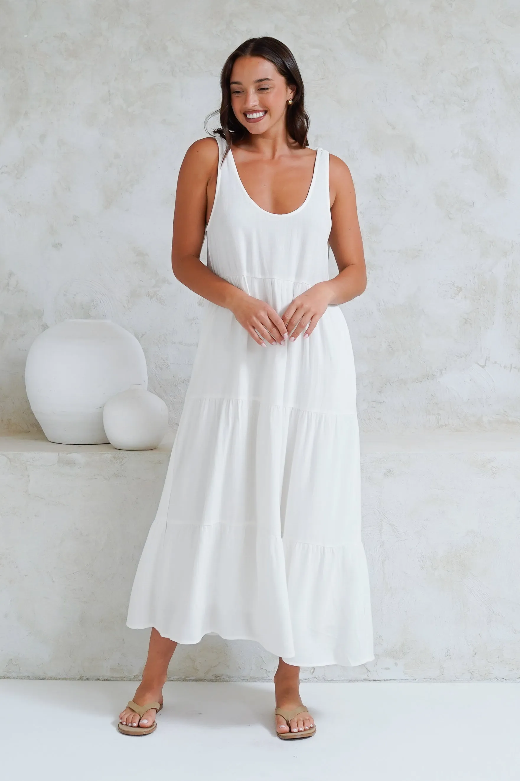 Verona Midi Dress - Tie at Shoulder Straps Sun Dress in White sold by Salty Crush product image thumbnail 4