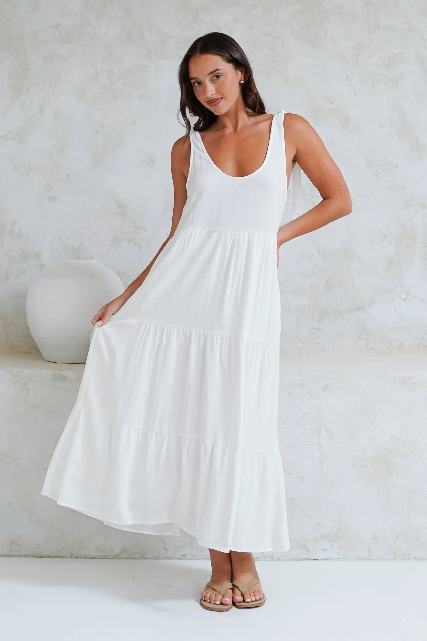 Verona Midi Dress - Tie at Shoulder Straps Sun Dress in White sold by Salty Crush product image thumbnail 5