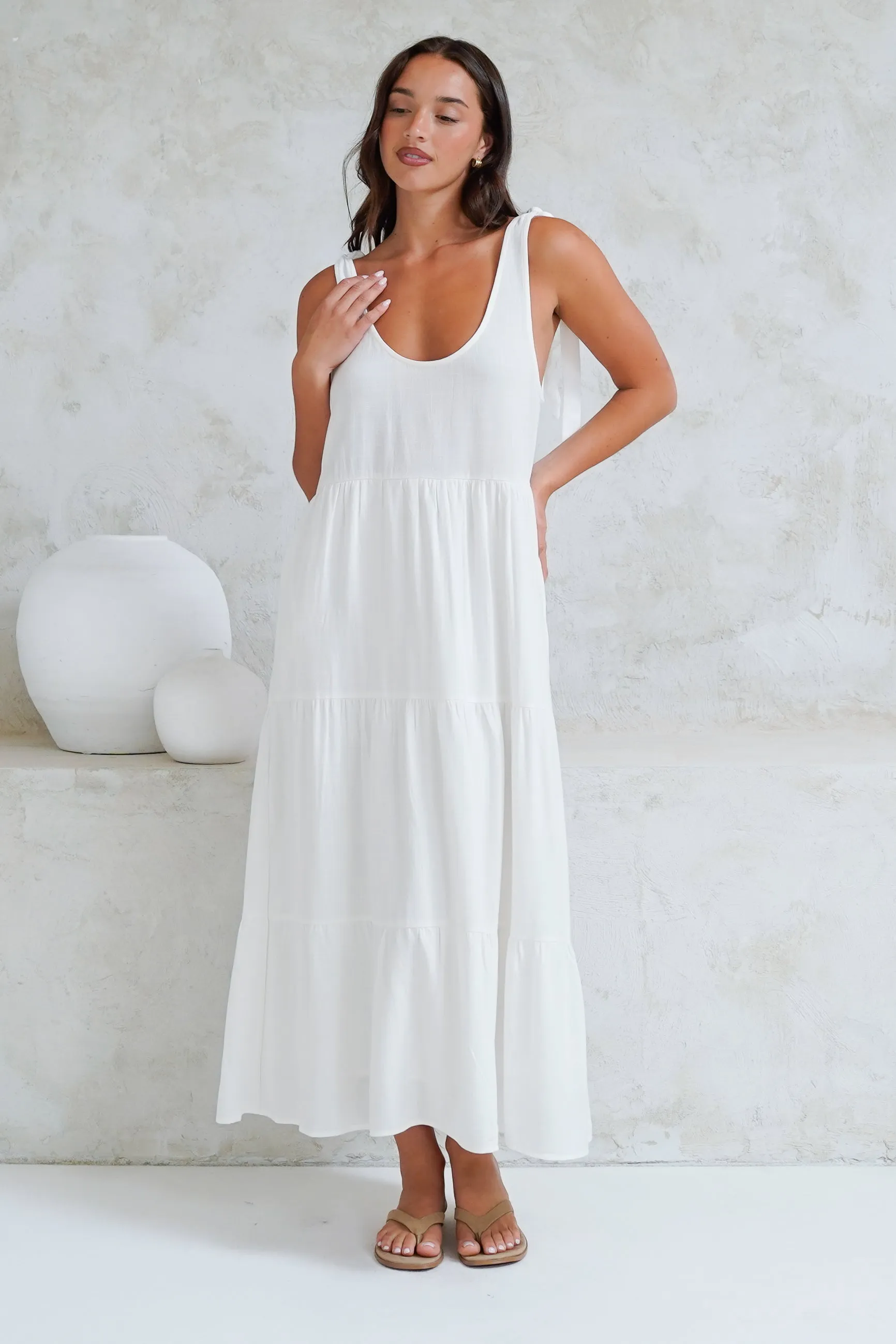 Verona Midi Dress - Tie at Shoulder Straps Sun Dress in White sold by Salty Crush product image thumbnail 2