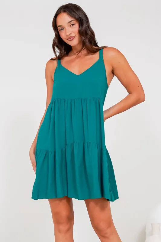 Andra Mini Dress - Thick Adjustable Strap Tiered Sun Dress in Jade sold by Salty Crush
