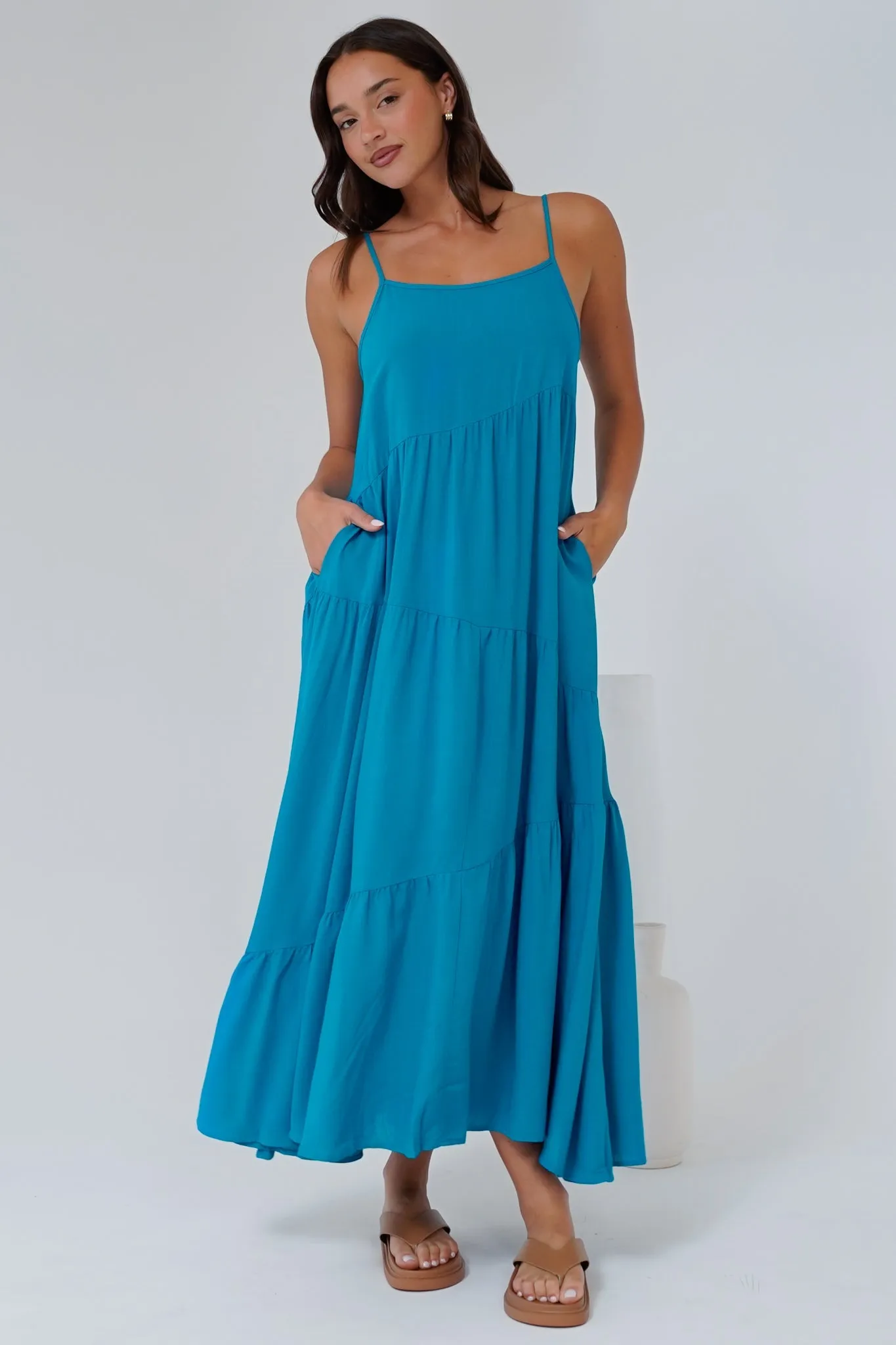 Saylor Maxi Dress - Spaghetti Strap Asymmetric Tiered Dress in Turquoise sold by Salty Crush product image thumbnail 3