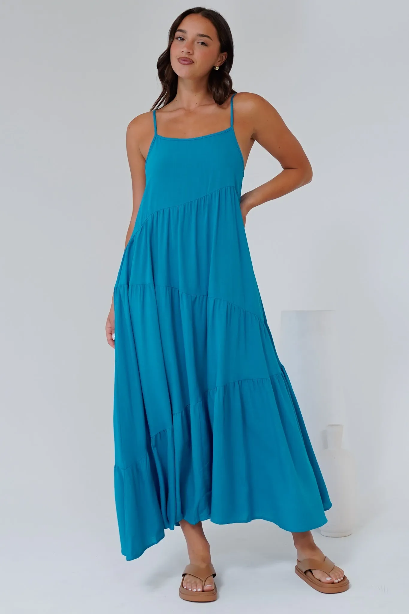 Saylor Maxi Dress - Spaghetti Strap Asymmetric Tiered Dress in Turquoise sold by Salty Crush product image thumbnail 2