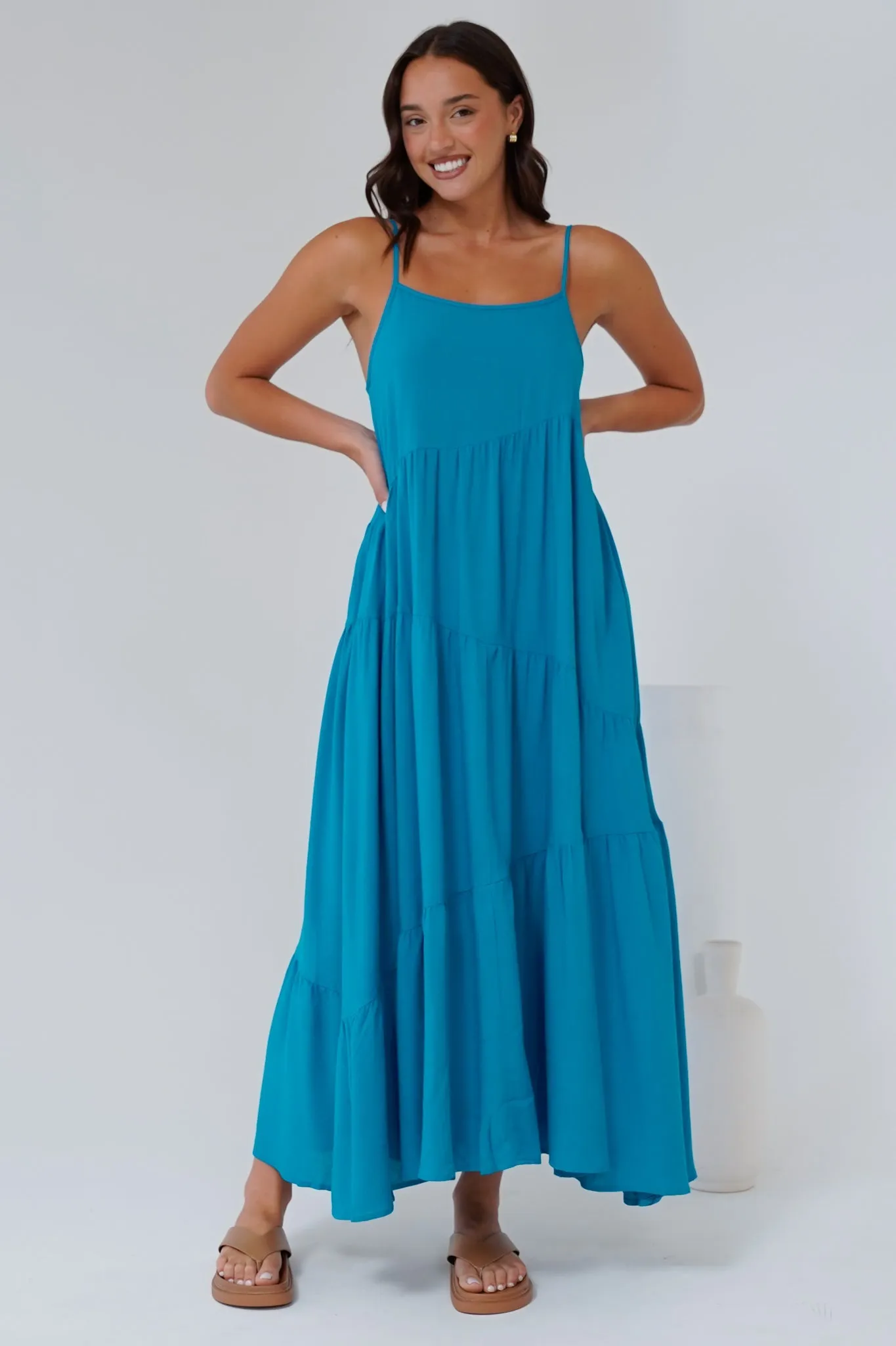 Saylor Maxi Dress - Spaghetti Strap Asymmetric Tiered Dress in Turquoise sold by Salty Crush product image thumbnail 5