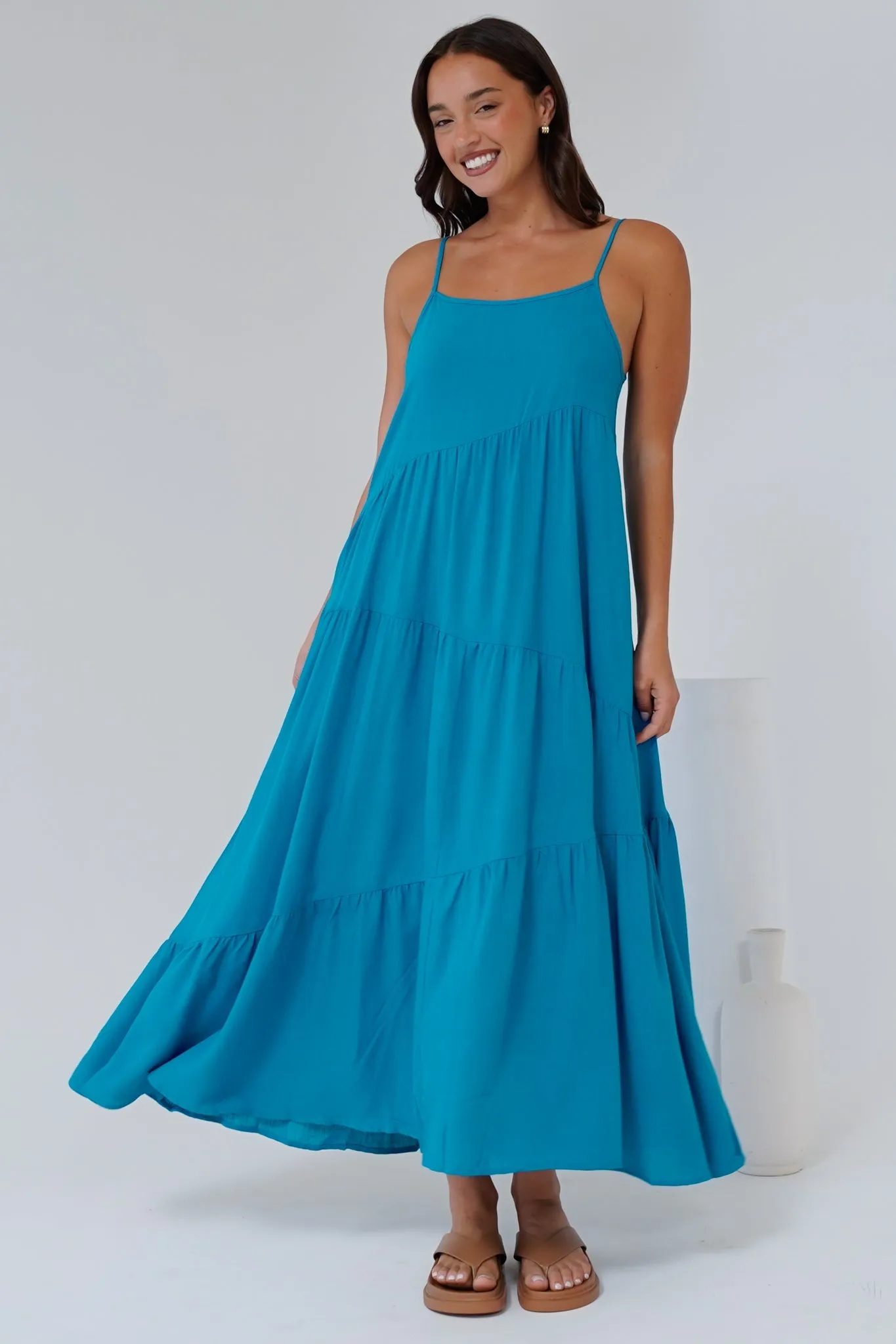 Saylor Maxi Dress - Spaghetti Strap Asymmetric Tiered Dress in Turquoise sold by Salty Crush