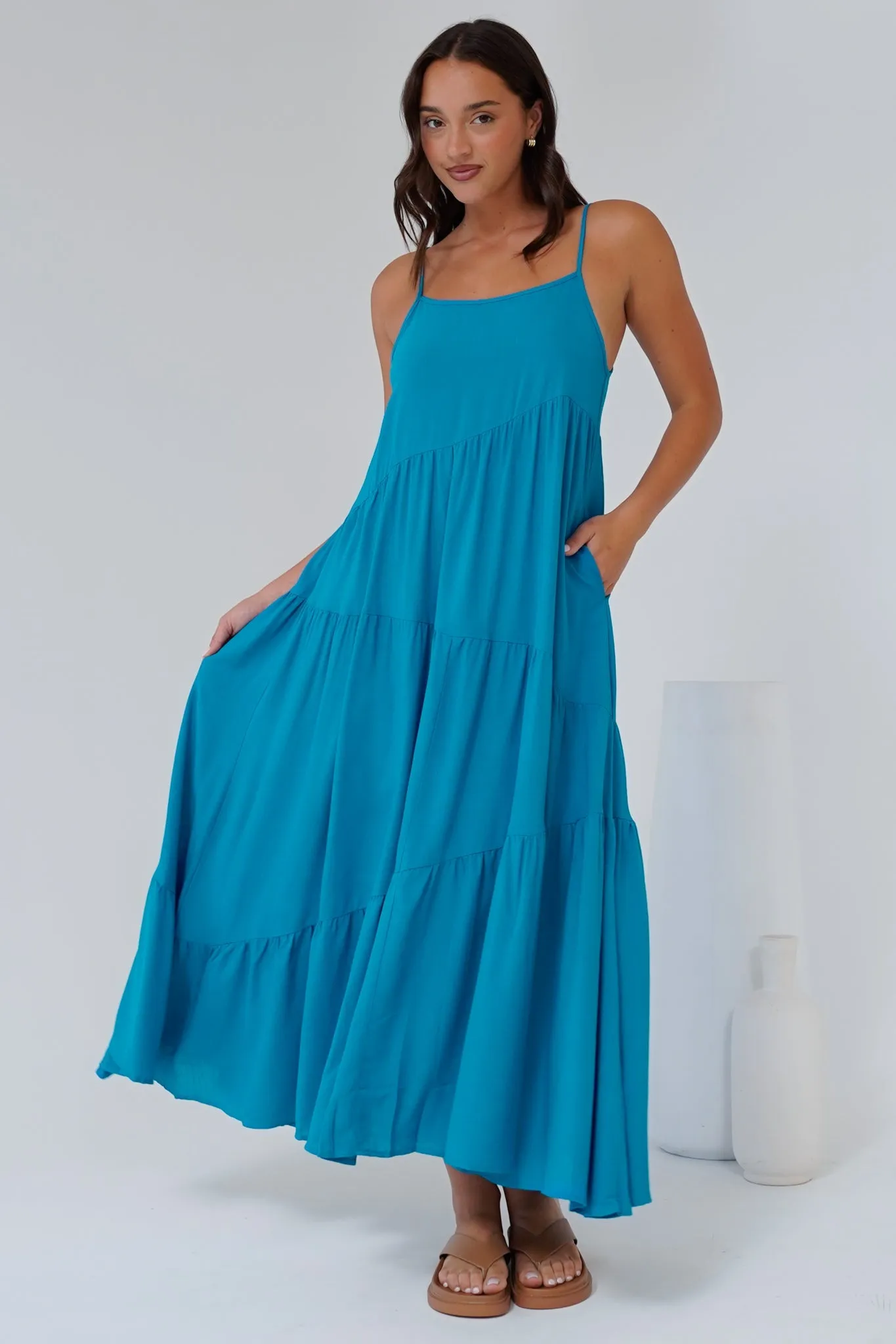 Saylor Maxi Dress - Spaghetti Strap Asymmetric Tiered Dress in Turquoise sold by Salty Crush product image thumbnail 4