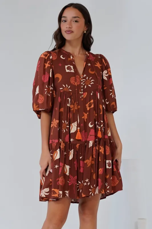 Elkie Mini Dress - Tiered Smock Dress with Balloon Sleeves in Flintstone Print sold by Salty Crush