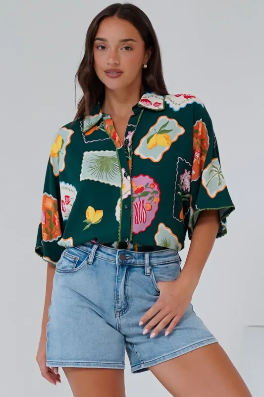 Otis Shirt - Wave Trim Button Down Shirt in Elora Print sold by Salty Crush