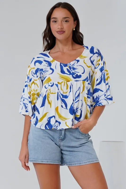 Wynter Top - Soft V Neck Peplum Top with Balloon Sleeves in Robin Print made by Salty Crush
