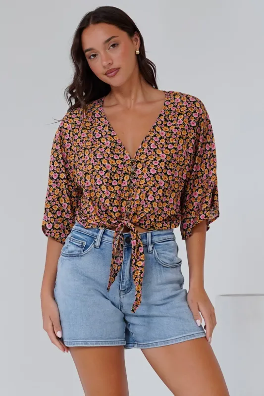 Waverly Top - V-Neck Button Down Top with Tie at Waist in Paige Print sold by Salty Crush