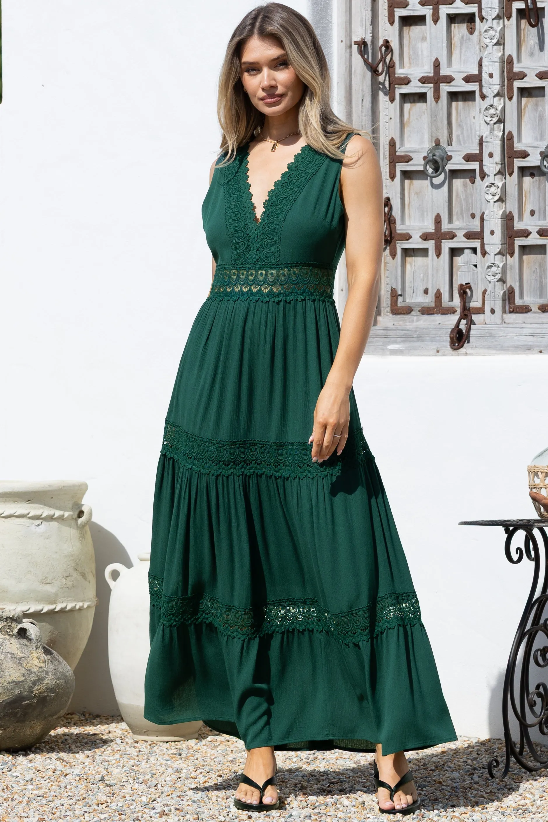 Cassia Maxi Dress - Lace Trim V-Neck Sleeveless with Lace Splicing Dress in Emerald sold by Salty Crush product image thumbnail 3