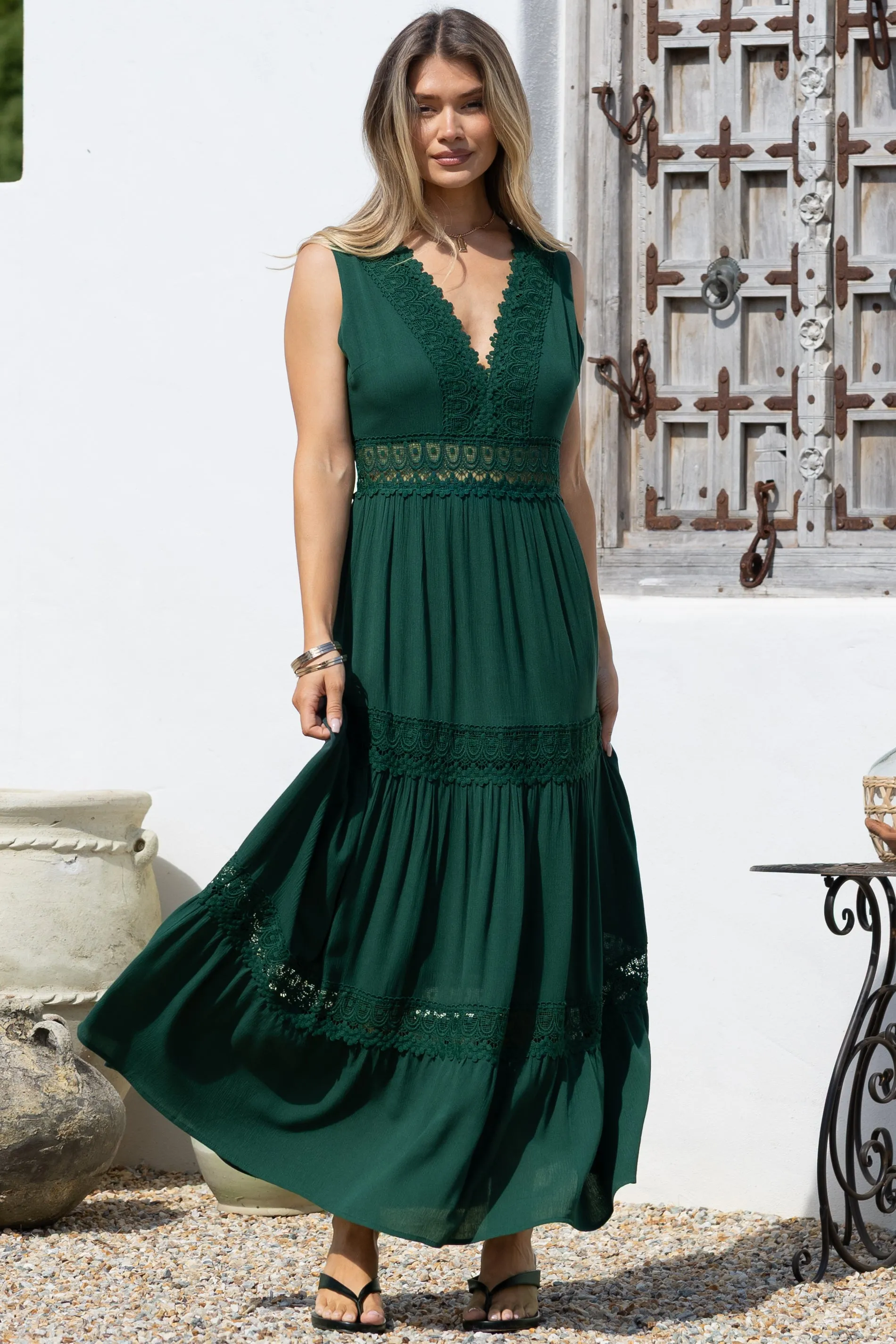 Cassia Maxi Dress - Lace Trim V-Neck Sleeveless with Lace Splicing Dress in Emerald sold by Salty Crush product image thumbnail 2
