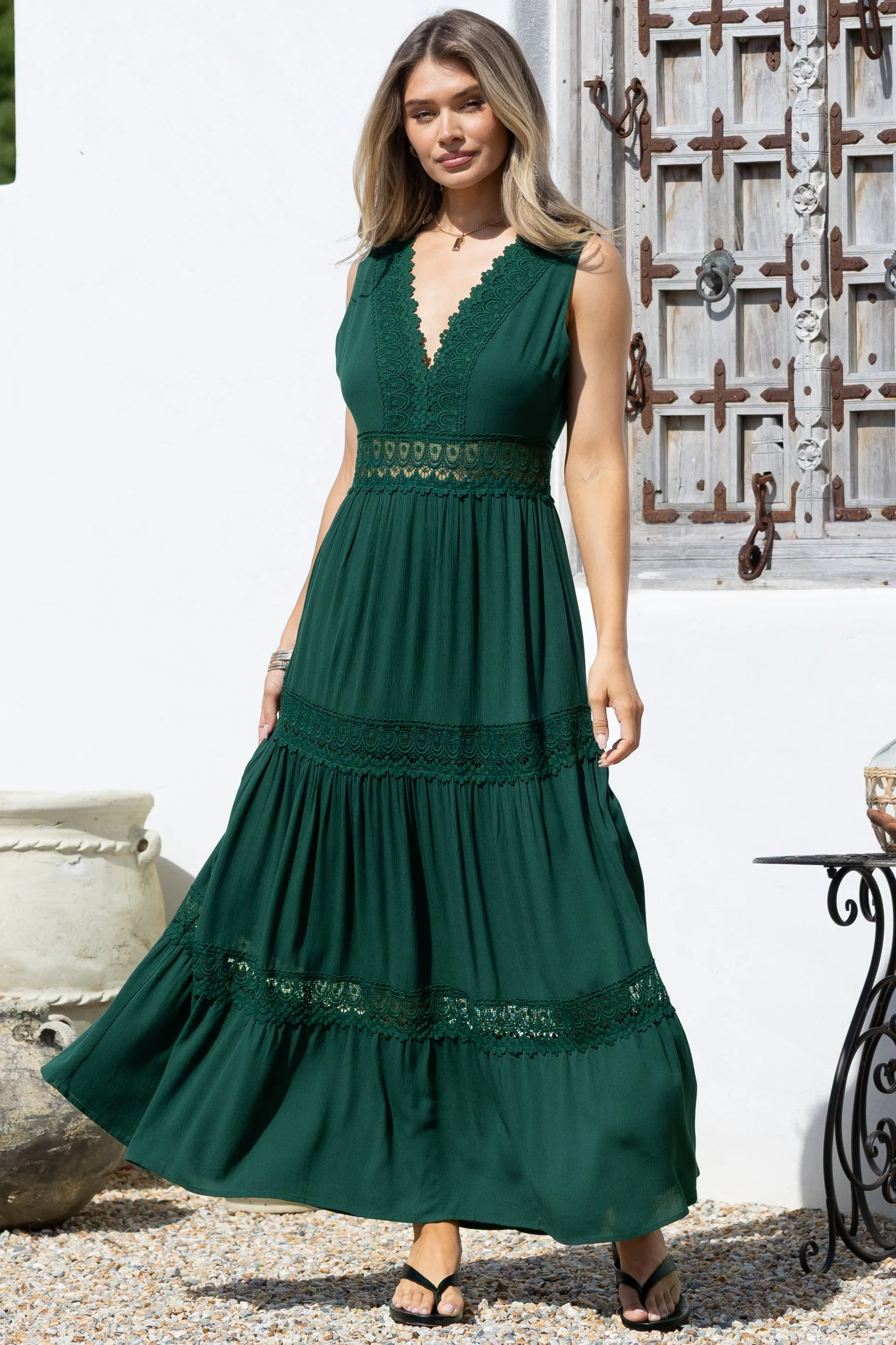 Cassia Maxi Dress - Lace Trim V-Neck Sleeveless with Lace Splicing Dress in Emerald sold by Salty Crush