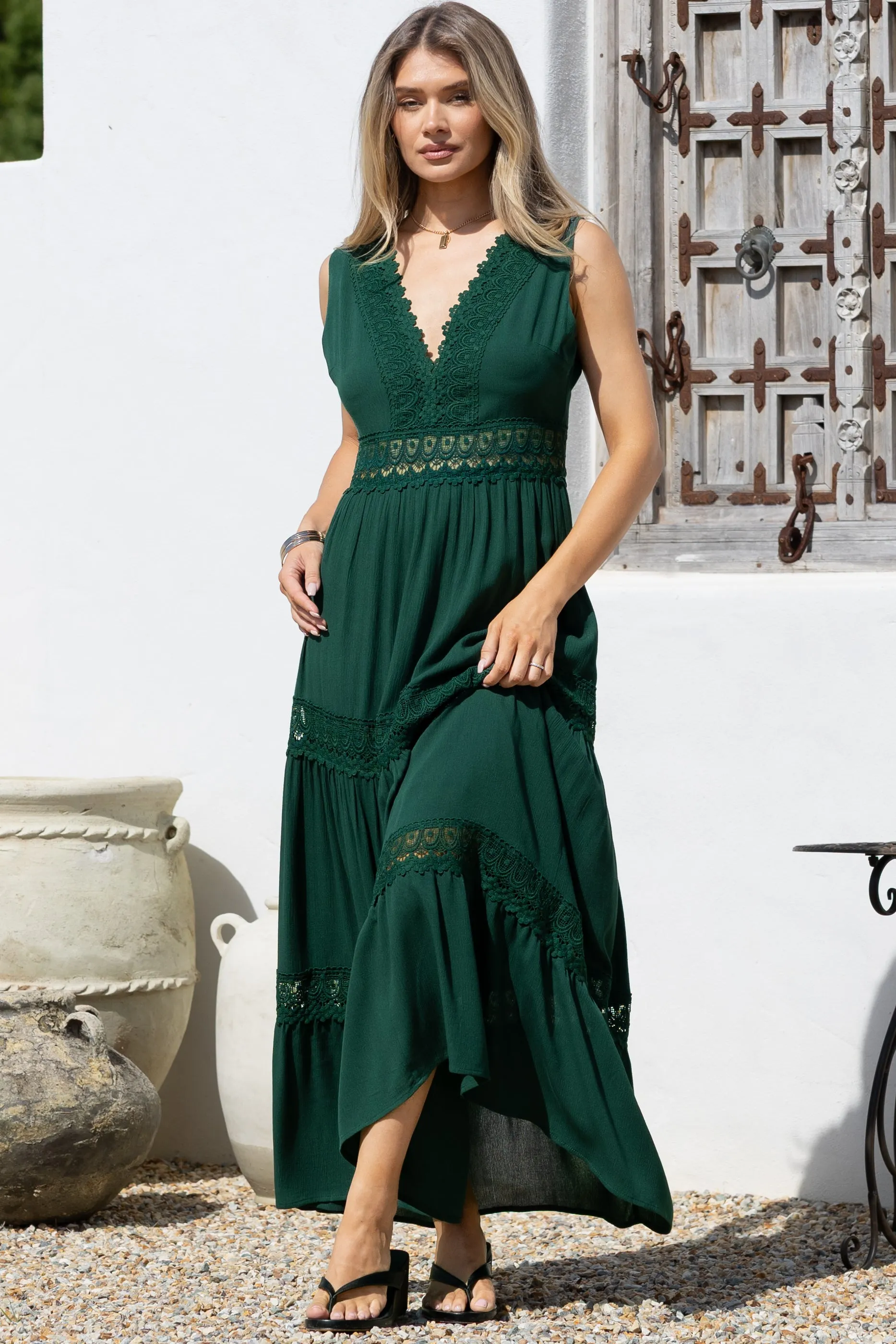 Cassia Maxi Dress - Lace Trim V-Neck Sleeveless with Lace Splicing Dress in Emerald sold by Salty Crush product image thumbnail 4