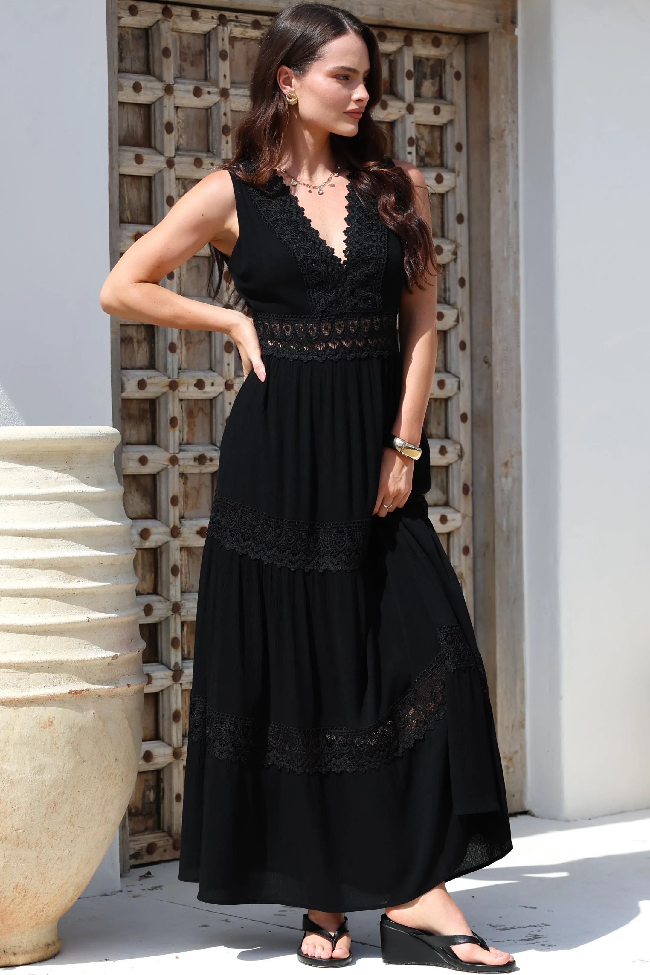 Cassia Maxi Dress - Lace Trim V-Neck Sleeveless with Lace Splicing Dress in Black sold by Salty Crush product image thumbnail 4