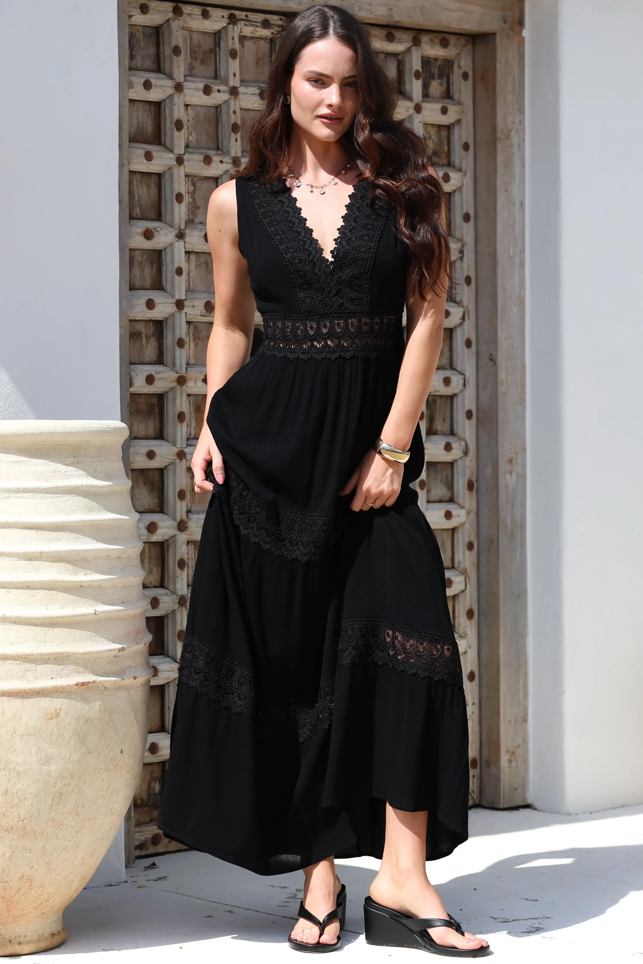 Cassia Maxi Dress - Lace Trim V-Neck Sleeveless with Lace Splicing Dress in Black sold by Salty Crush product image thumbnail 2