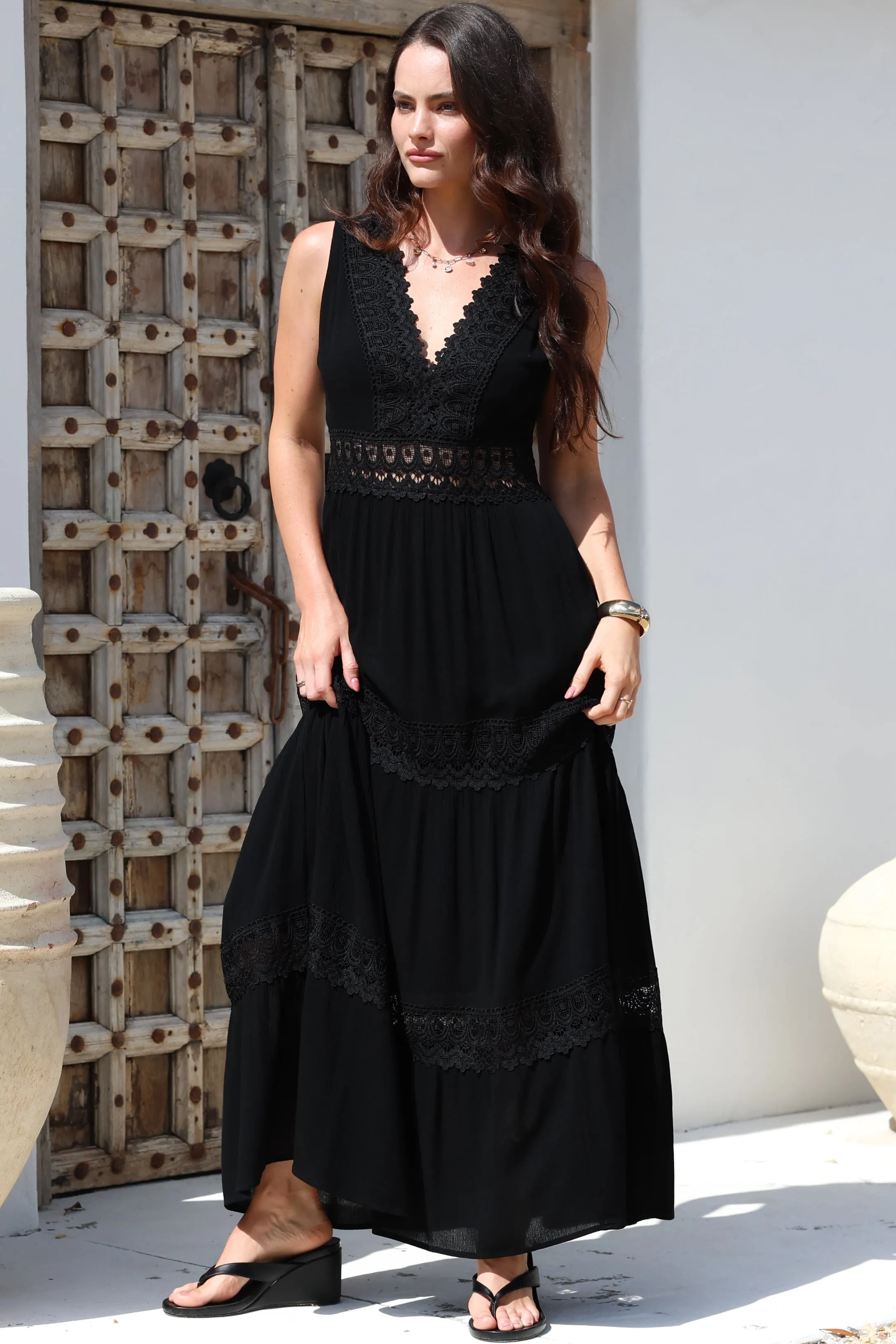 Cassia Maxi Dress - Lace Trim V-Neck Sleeveless with Lace Splicing Dress in Black sold by Salty Crush product image thumbnail 3