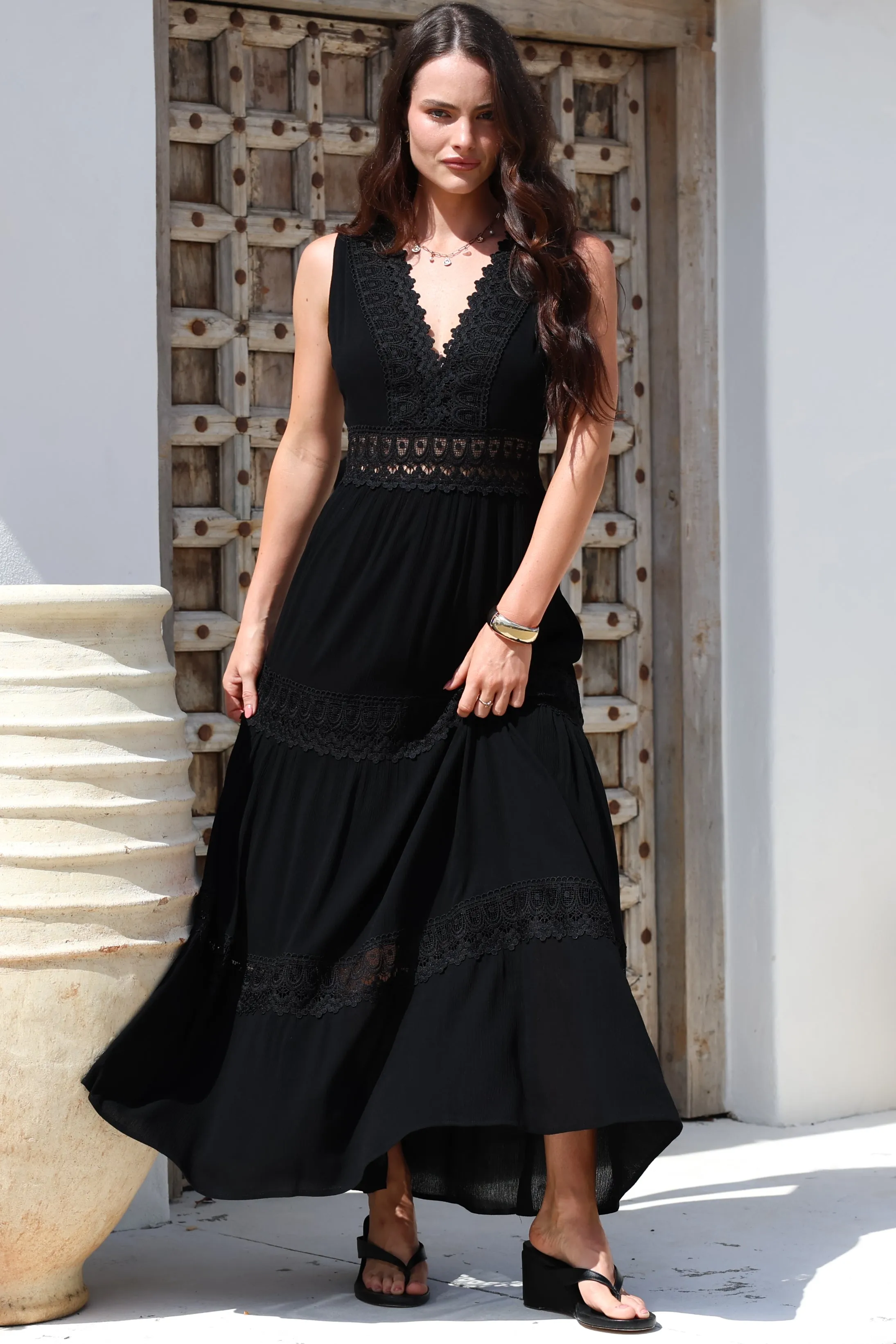 Cassia Maxi Dress - Lace Trim V-Neck Sleeveless with Lace Splicing Dress in Black sold by Salty Crush