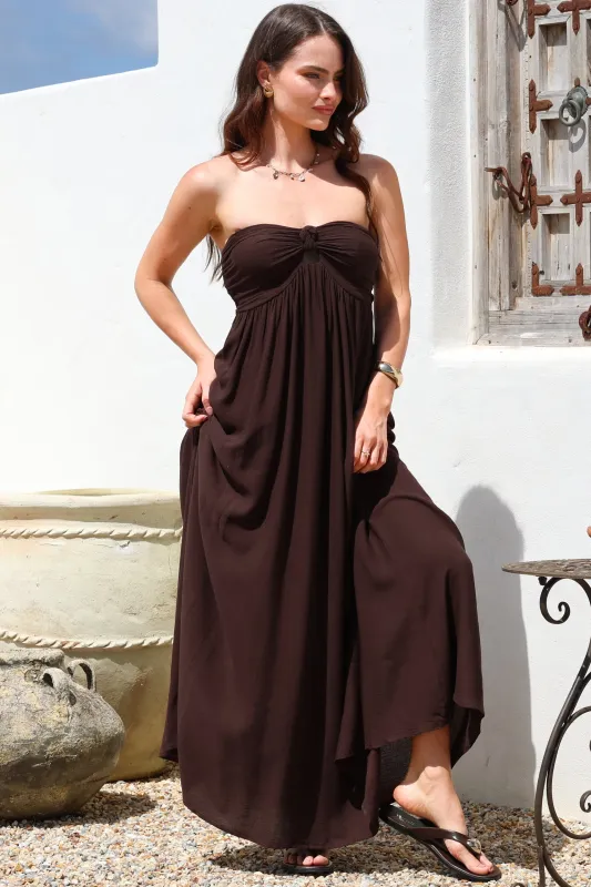 Moira Maxi Dress - Twist Front Keyhole Detail Sun Dress with Optional Straps in Chocolate sold by Salty Crush