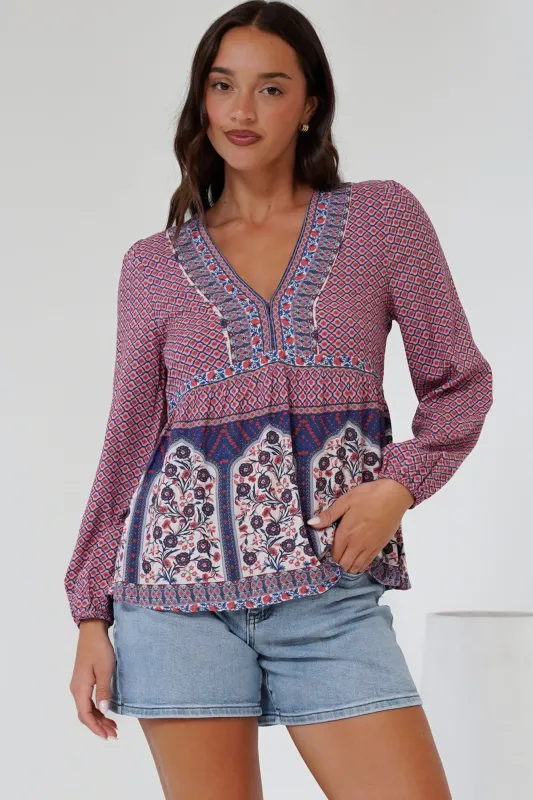 Sammi Top - V-Neck Pull Over with Long Sleeves in Leyton Print sold by Salty Crush