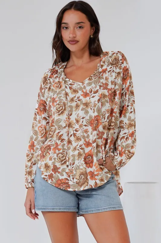 Suzi Blouse - Ruffled Shoulder Detailed Pull Over Top with Neck Tie in Zera Print sold by Salty Crush