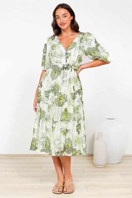 Kellee Midi Dress - V-Neckline Tiered Dress with Balloon Sleeves in Hyper Print sold by Salty Crush