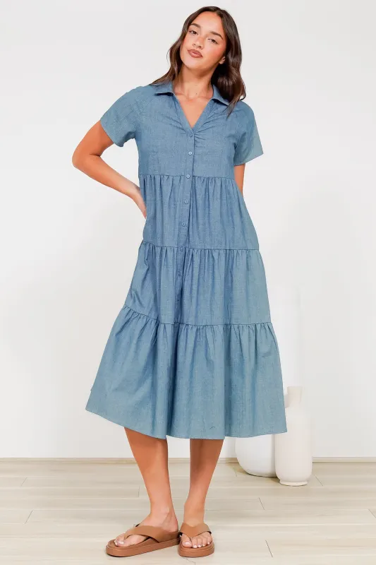 Hailey Midi Dress - Collared Tiered Button Down Dress in Light Chambray sold by Salty Crush