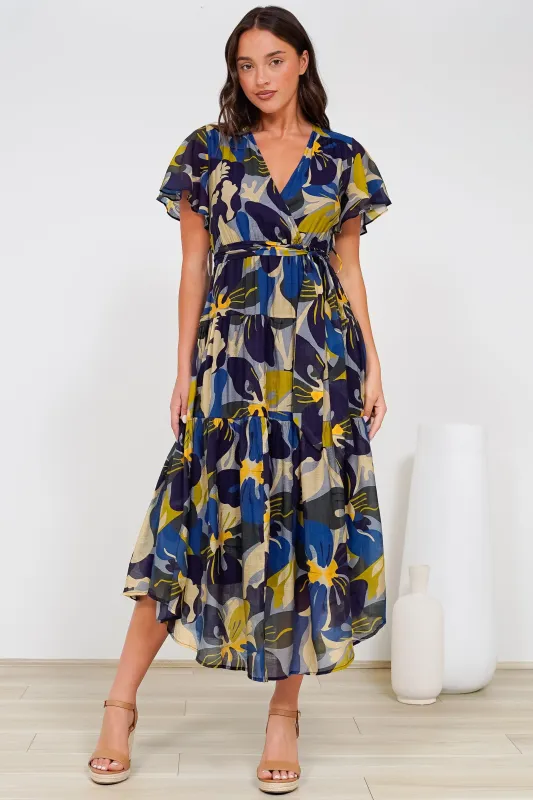 Drea Midi Dress - Cap Sleeve Tiered Dress with Scoop Hemline in Estelle Print sold by Salty Crush