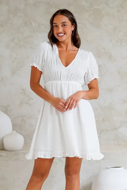 Roma Mini Dress - Puff Sleeve A-Line Dress with Ruffle Hemline in White sold by Salty Crush