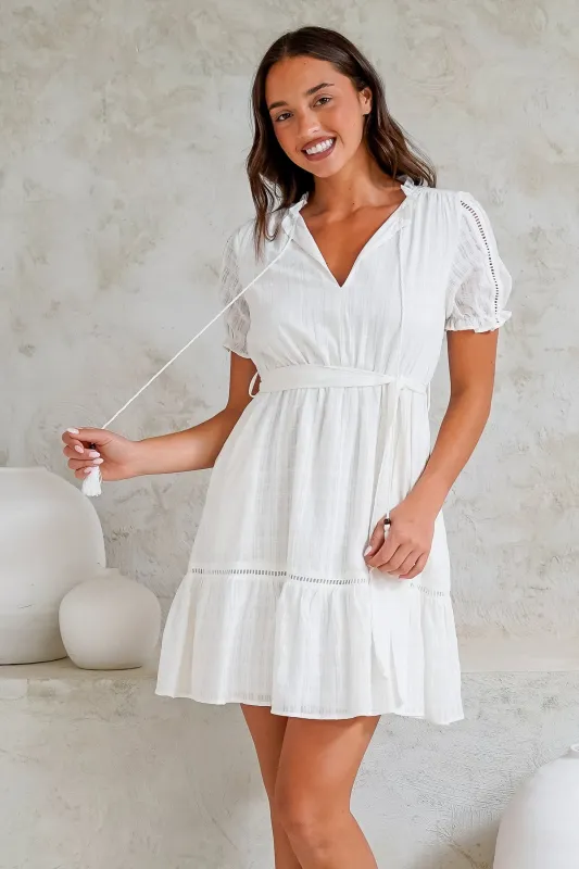 Adriana Mini Dress - Frill Collar Ladder Lace Detailed Dress with Waist Tie in White sold by Salty Crush