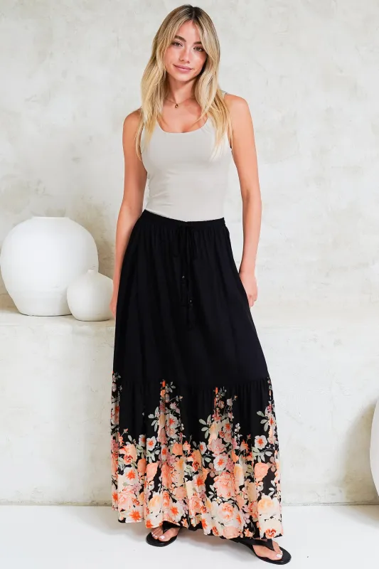 Hellen Maxi Skirt - High Waisted Skirt with Front Splits in Florence Print Black sold by Salty Crush