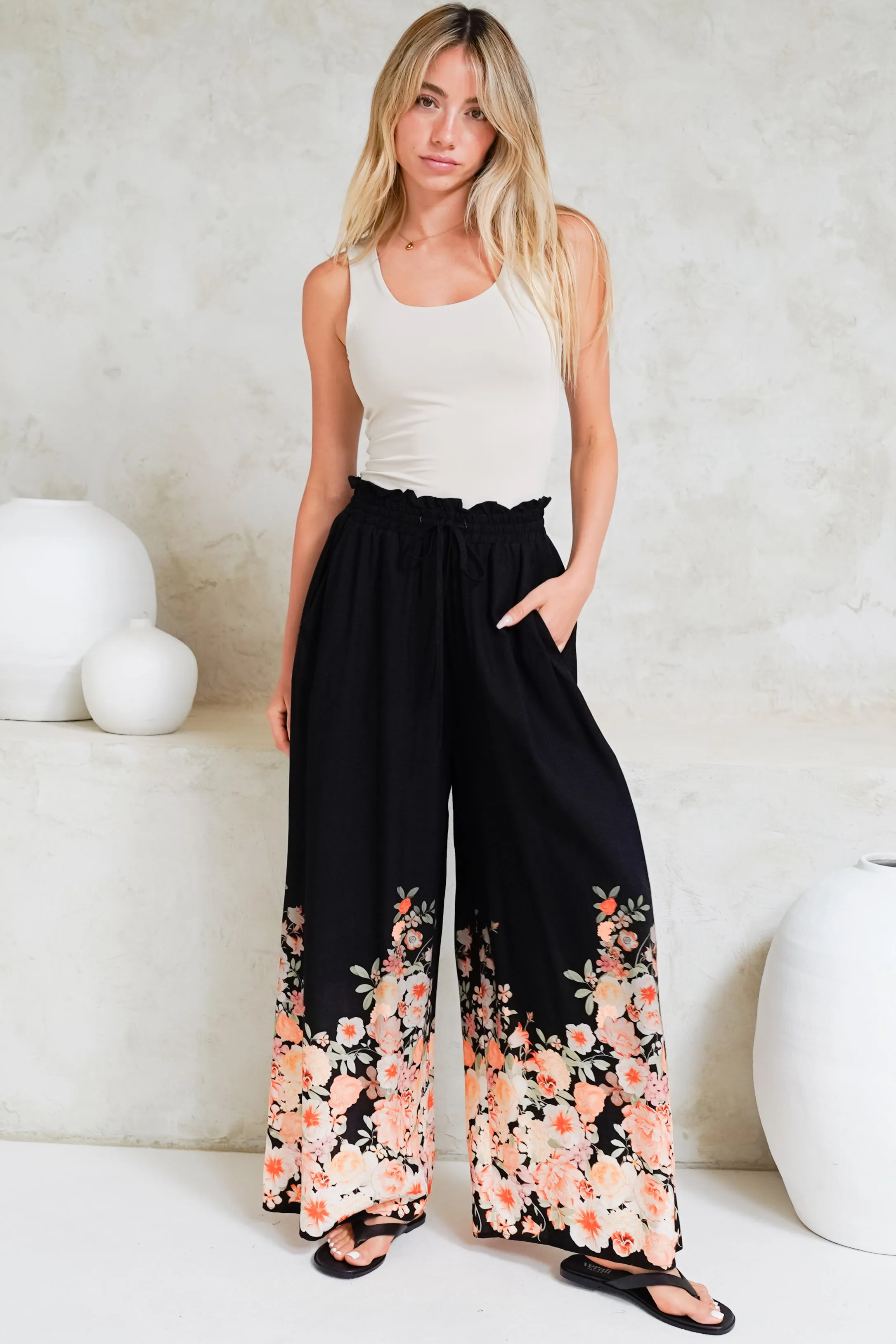 Charli Pants - Paper Bag High Waisted Wide Leg Pants in Florence Print Black sold by Salty Crush product image thumbnail 2