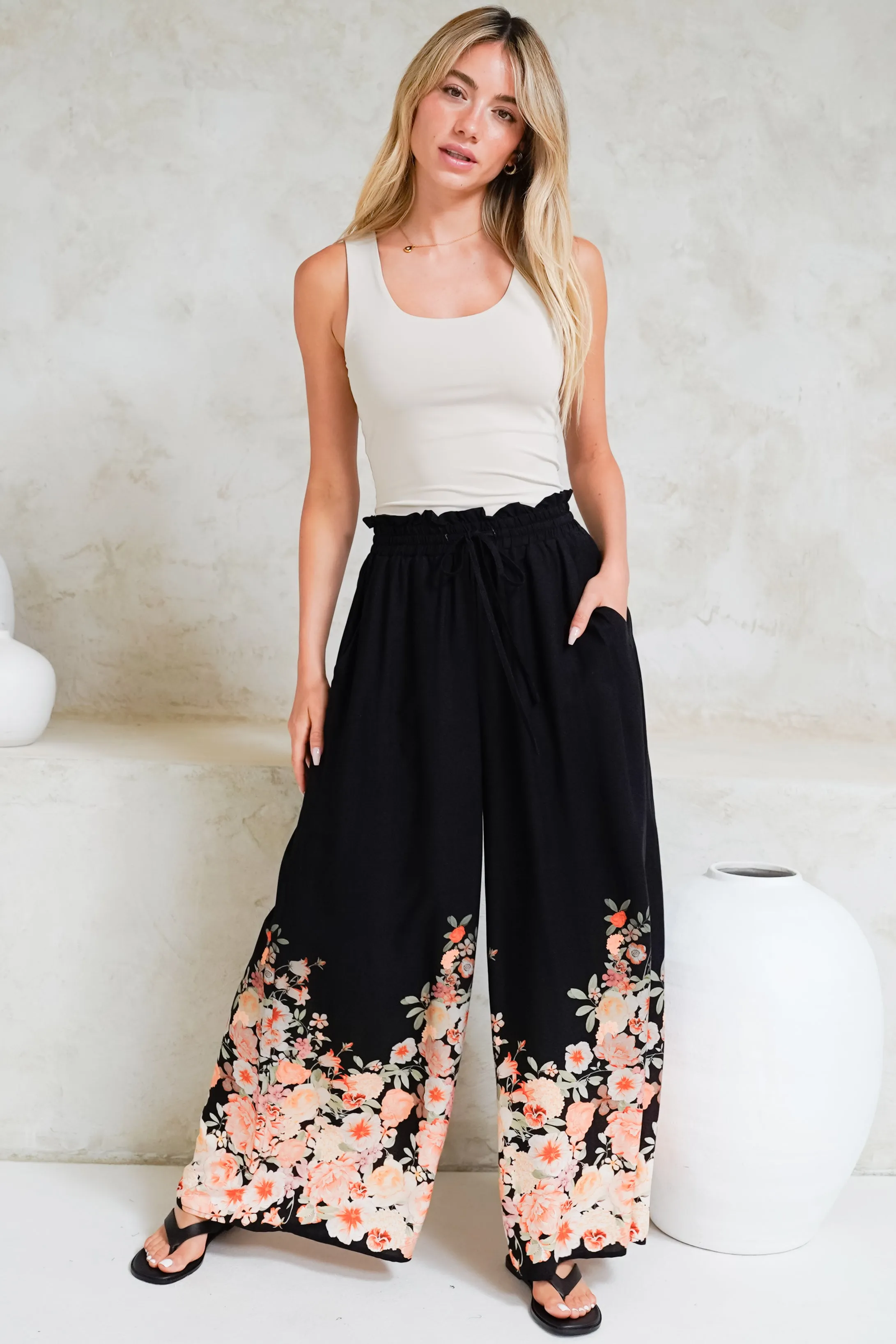 Charli Pants - Paper Bag High Waisted Wide Leg Pants in Florence Print Black sold by Salty Crush product image thumbnail 3