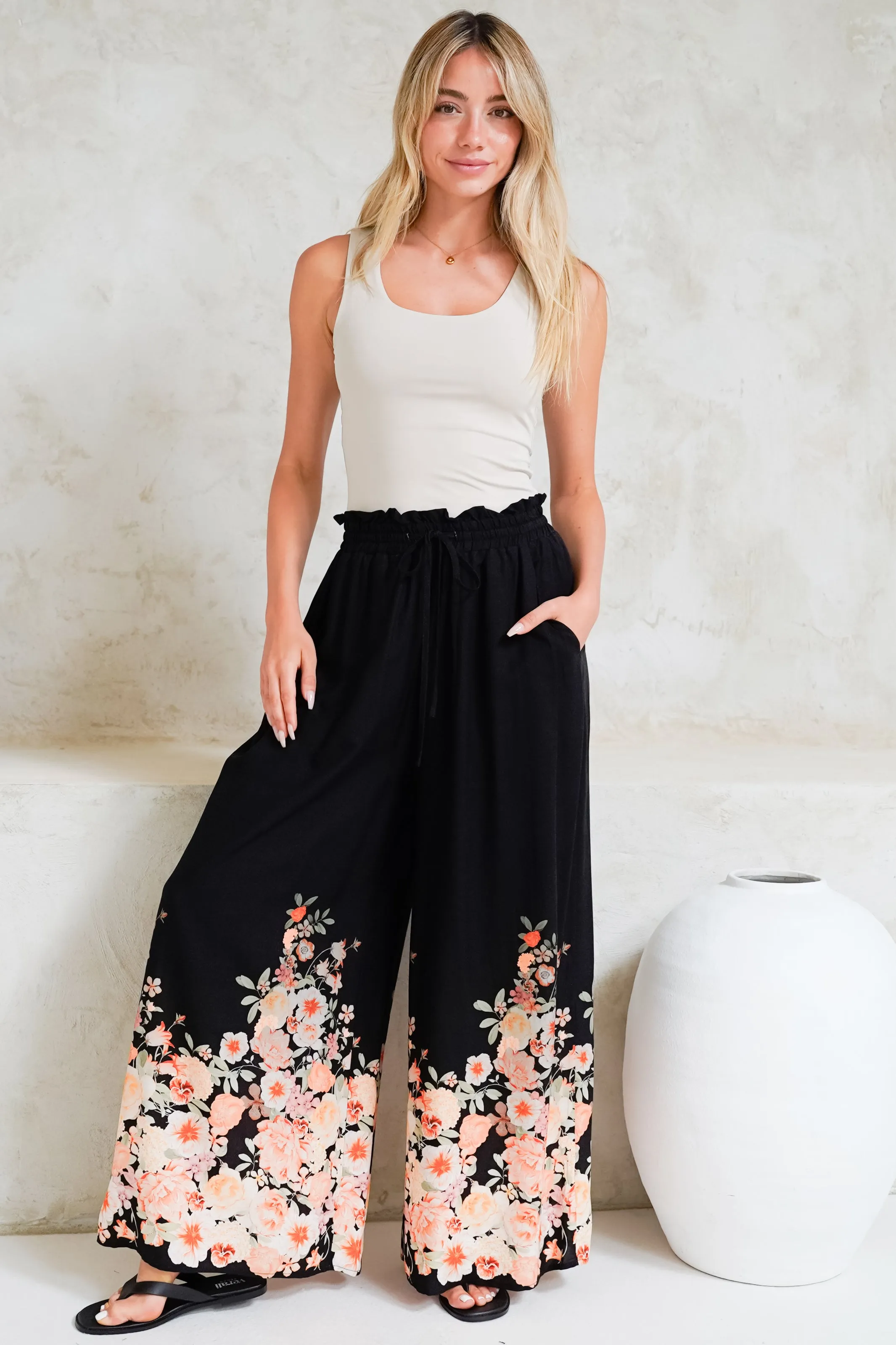 Charli Pants - Paper Bag High Waisted Wide Leg Pants in Florence Print Black sold by Salty Crush